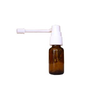 FLACONE ROTONDO IN VETRO GIALLO CON SPRAY LARINGEO RECLINABILE LUNGO 20 ml