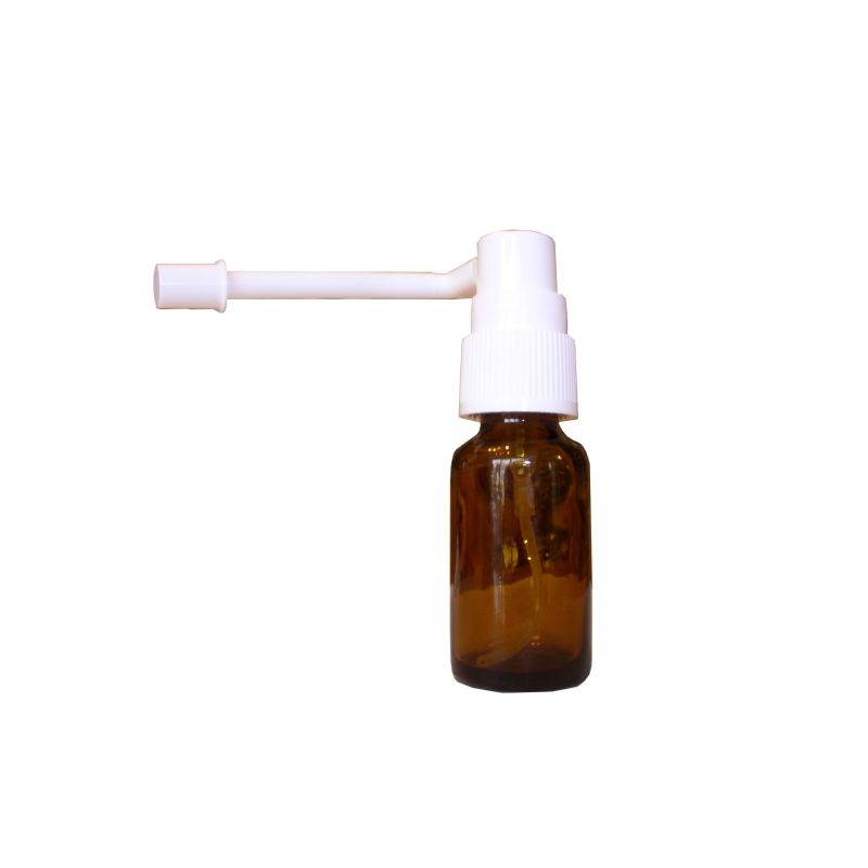 FLACONE ROTONDO  IN VETRO GIALLO 10 ml CON SPRAY LARINGEO RECLINABILE LUNGO