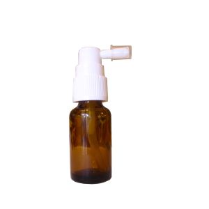 Yellow glass round bottle 15 ml with short laryngeal spray