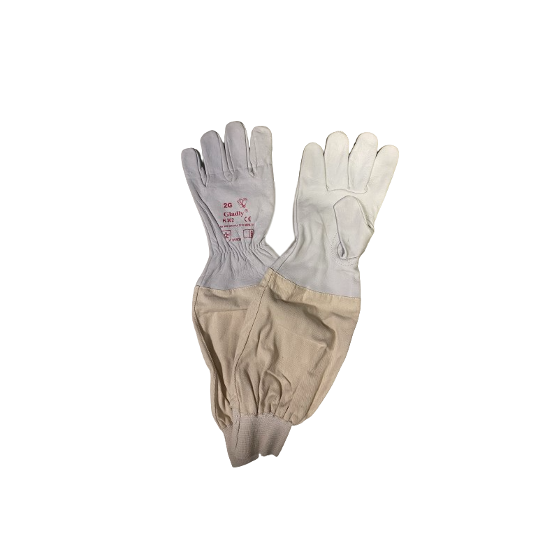 White leather gloves for beekeeping, cotton sleeve with elastic bands