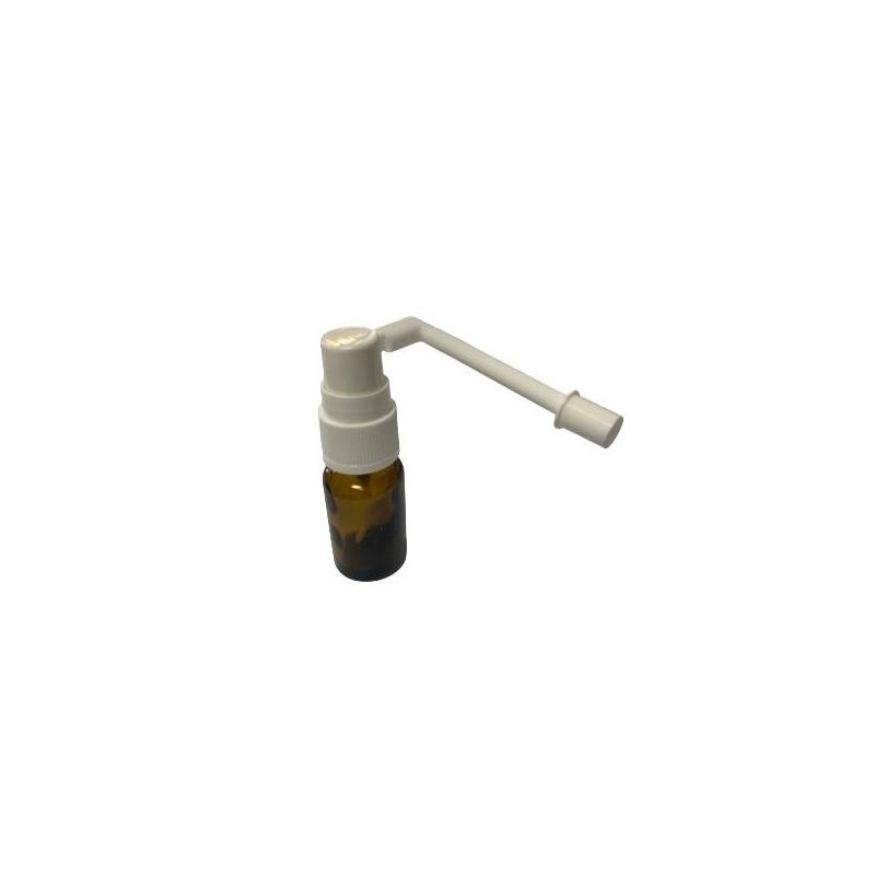 Round yellow glass bottle with 5 ml long reclining laryngeal spray